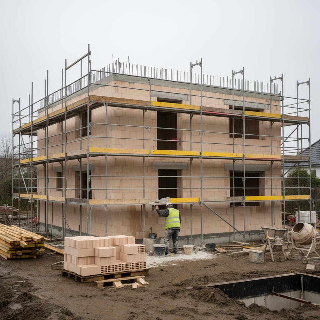 Rohbau eines Einfamilienhauses mit Ziegelmauerwerk und Gerüst