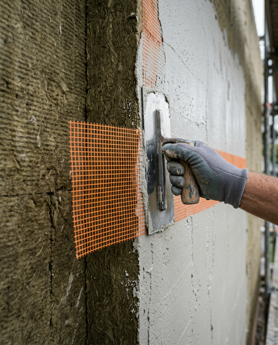 Monteure bringen WDVS-Dämmplatten an einer Hausfassade an
